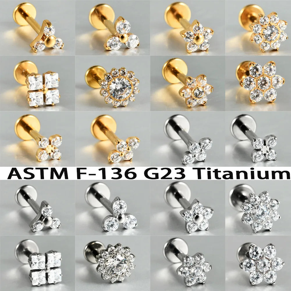 1PC ASTM F136 Titanium Flower CZ Labret Stud Internal Thread Piercing Lip Stud Daith Conch Earring Piercing Jewelry Wholesale