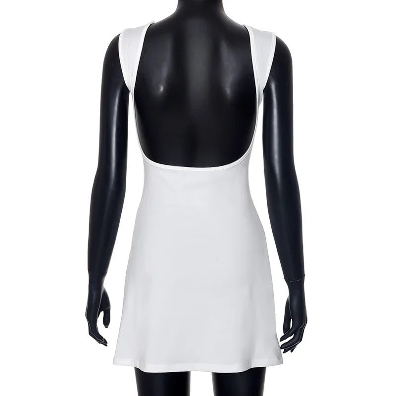 Elegant Sleeveless Backless Slim Fit Mini Dress Women Chic Round Collar A-line Short Dress 2025 Ruffle Edge Casual Dresses