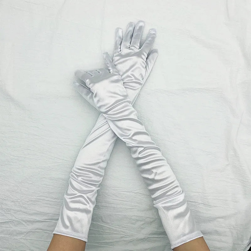 1 Pair Women Adult Black White Red Skin Opera/Elbow/Wrist Stretch Satin Finger Long Gloves Women Flapper Gloves Matching Costume