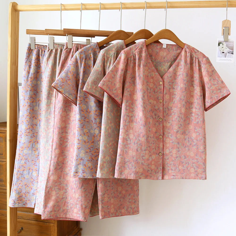 2025 Spring/Summer New Women's Pajama Set 100% Cotton Short Sleeve+Capris Two Piece Set for Large Flower Thin Home Furnishing