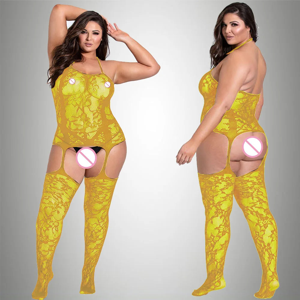 2024 New Plus Size Bodystocking Bodysuits For Women Sexy Fishnet Lingerie Babydoll Dress Porno Underwear Mesh Stockings For Sex