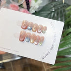 10pcs Handmade Fake Nails with Sticky Tabs Summer multicolor French Cat Eye Beautiful press on Nails Medium Short Stick-on Nails