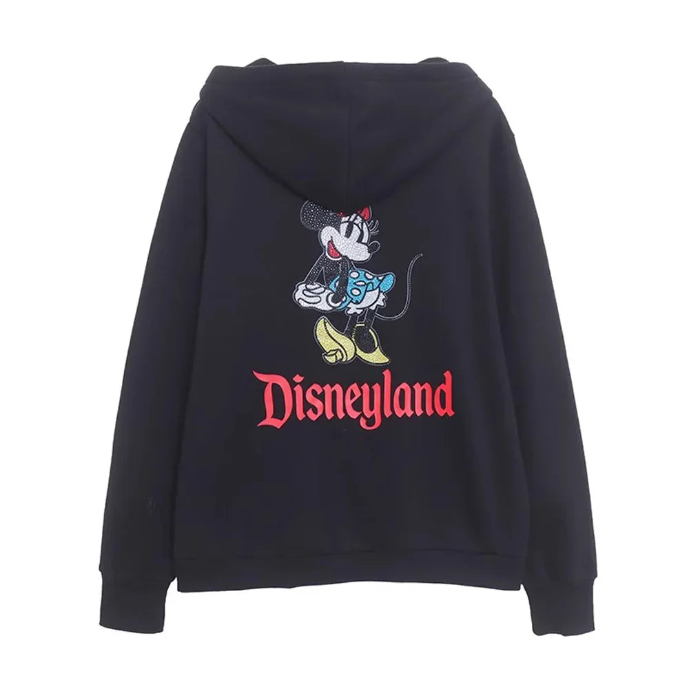 Disneyland Sweatshirt Castle Shining  Mickey Disneyworld Letter Glitter Minnie Unisex Couple Women Zip Pocket Hooded Jumper Top