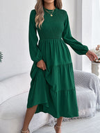 Autumn Winter Elegant Dresses for Woman Solid Color Round Neck Long Sleeve Ruffled Dresses Khaki Green Red