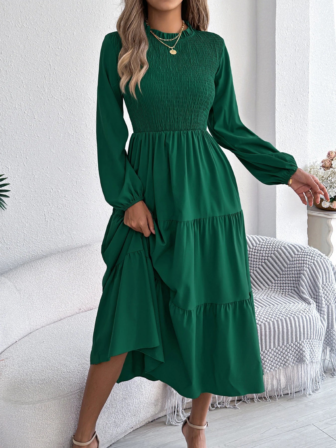 Autumn Winter Elegant Dresses for Woman Solid Color Round Neck Long Sleeve Ruffled Dresses Khaki Green Red
