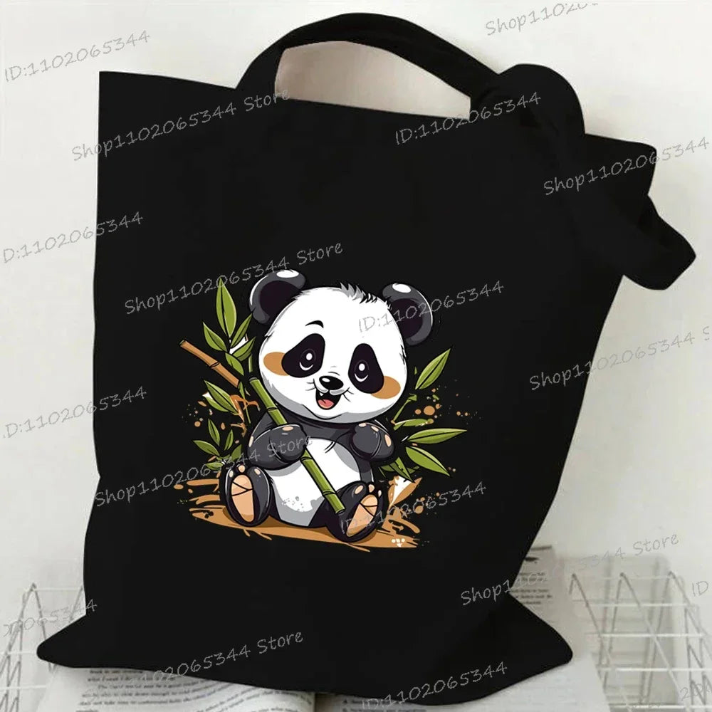 Canvas Bag for Women Cartoon Panda Printed Shopper Handbags Storage Reusable Canvas Shoulder Bag China Panda Female Tote Bag