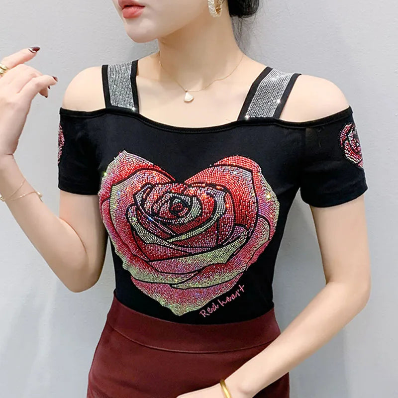 Aoxison Summer Short Sleeved Women's T-Shirt Elegant Slim Shiny Love Heart Diamonds Mesh Tops Chic Girl Sexy Off Shoulder Tees
