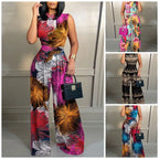Elegant Women Wide Leg Long Juumpsuit 2024 Spring Summer Fashion Printed Sleeveless Casual Holiday Bodysuits Jumpsuits Trousers