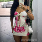 2 Piece Set Women's Floral Print Split Strapless Sleeveless Top & Mini Shorts Pants Set Summer Sexy