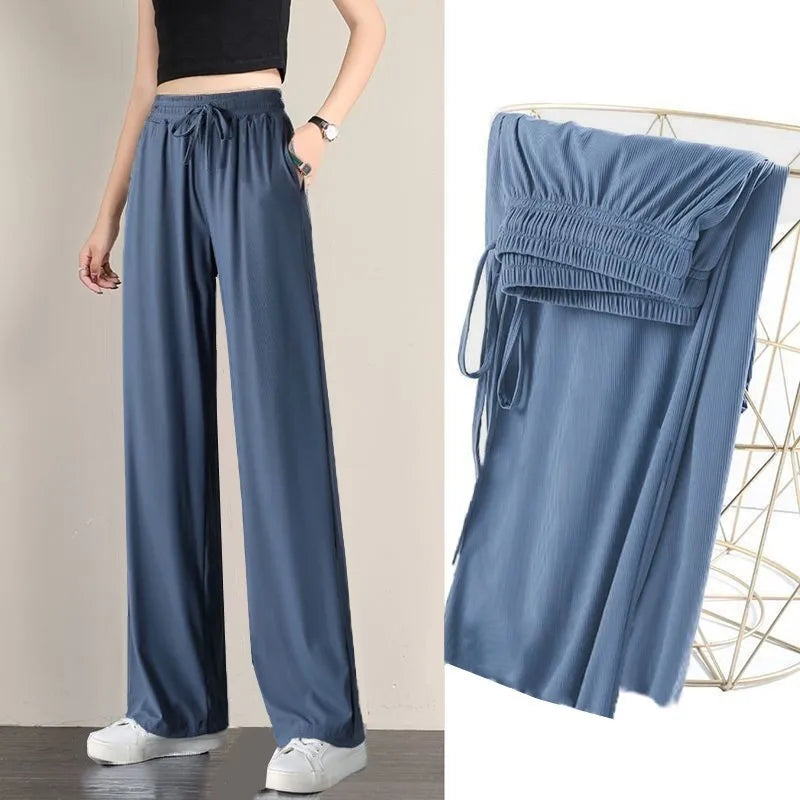 1pcs Summer Women Ice Silk Pant Female High Elastic Waist Drawstring Pocket Loose Straight Trousers Student Sports Straight Pant
