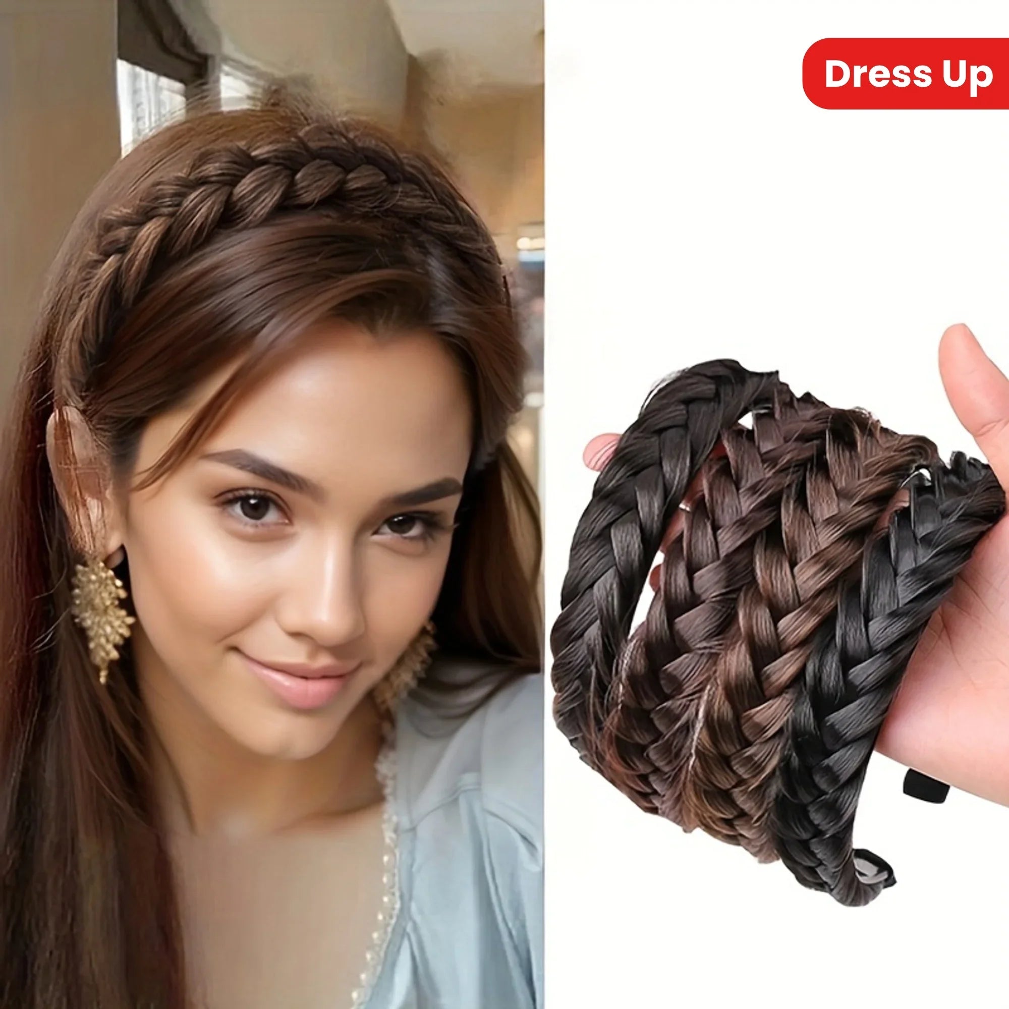 Elegant Bohemian Braided Wig Headband for Women - Non-Slip Teeth Design, Vintage/Boho Style, Plastic Hair