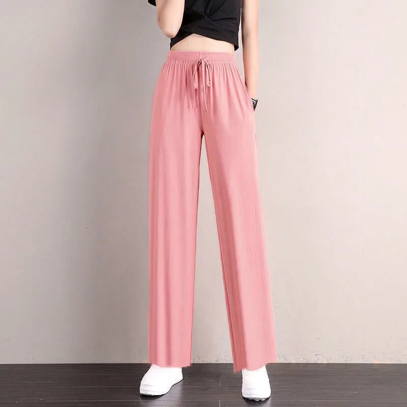 1pcs Summer Women Ice Silk Pant Female High Elastic Waist Drawstring Pocket Loose Straight Trousers Student Sports Straight Pant