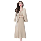 2Pcs/Set Summer Women Suit Dress Outfit  Solid Color Mid-length Lady Dress Sets Light Luxury Commute Sling Dress Coat Set