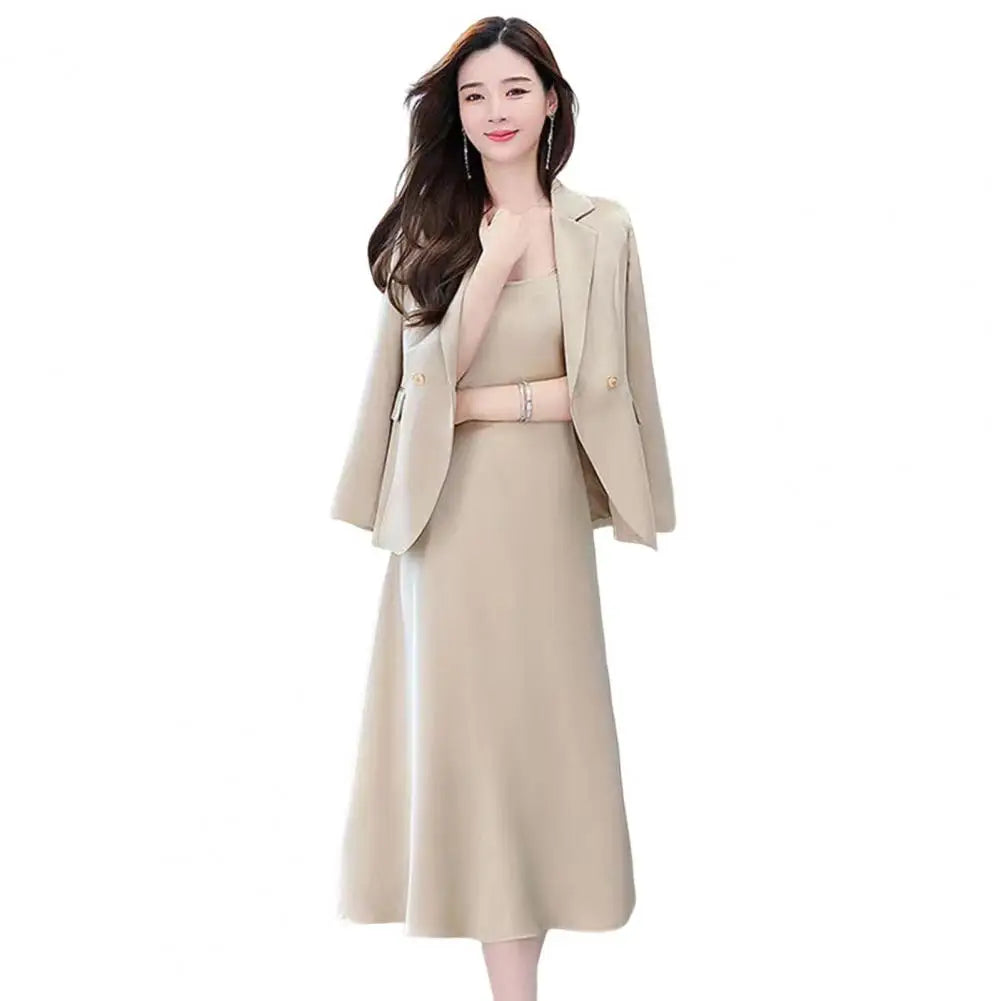 2Pcs/Set Summer Women Suit Dress Outfit  Solid Color Mid-length Lady Dress Sets Light Luxury Commute Sling Dress Coat Set