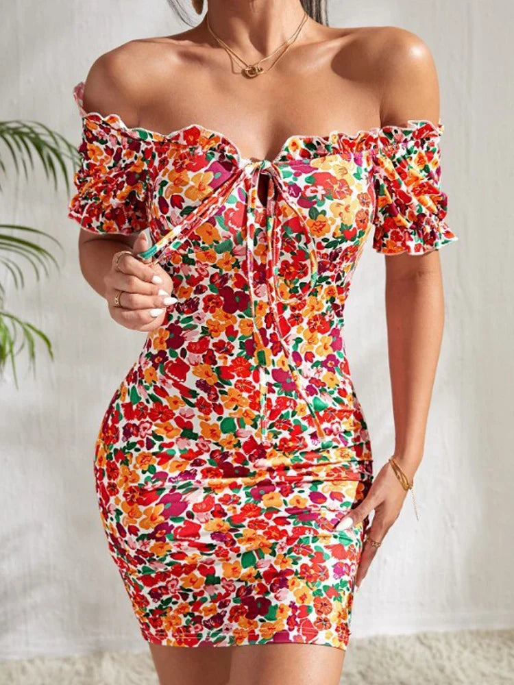 All-over flower print ruffled lace-up one-shoulder sexy high-elasticity slim-fitting dress mini skirt