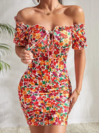 All-over flower print ruffled lace-up one-shoulder sexy high-elasticity slim-fitting dress mini skirt