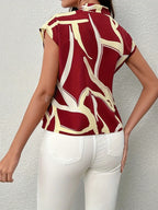 Brush Print Tie Neck Blouse, Elegant Short Sleeve Top For Spring & Summer, Women's Clothing