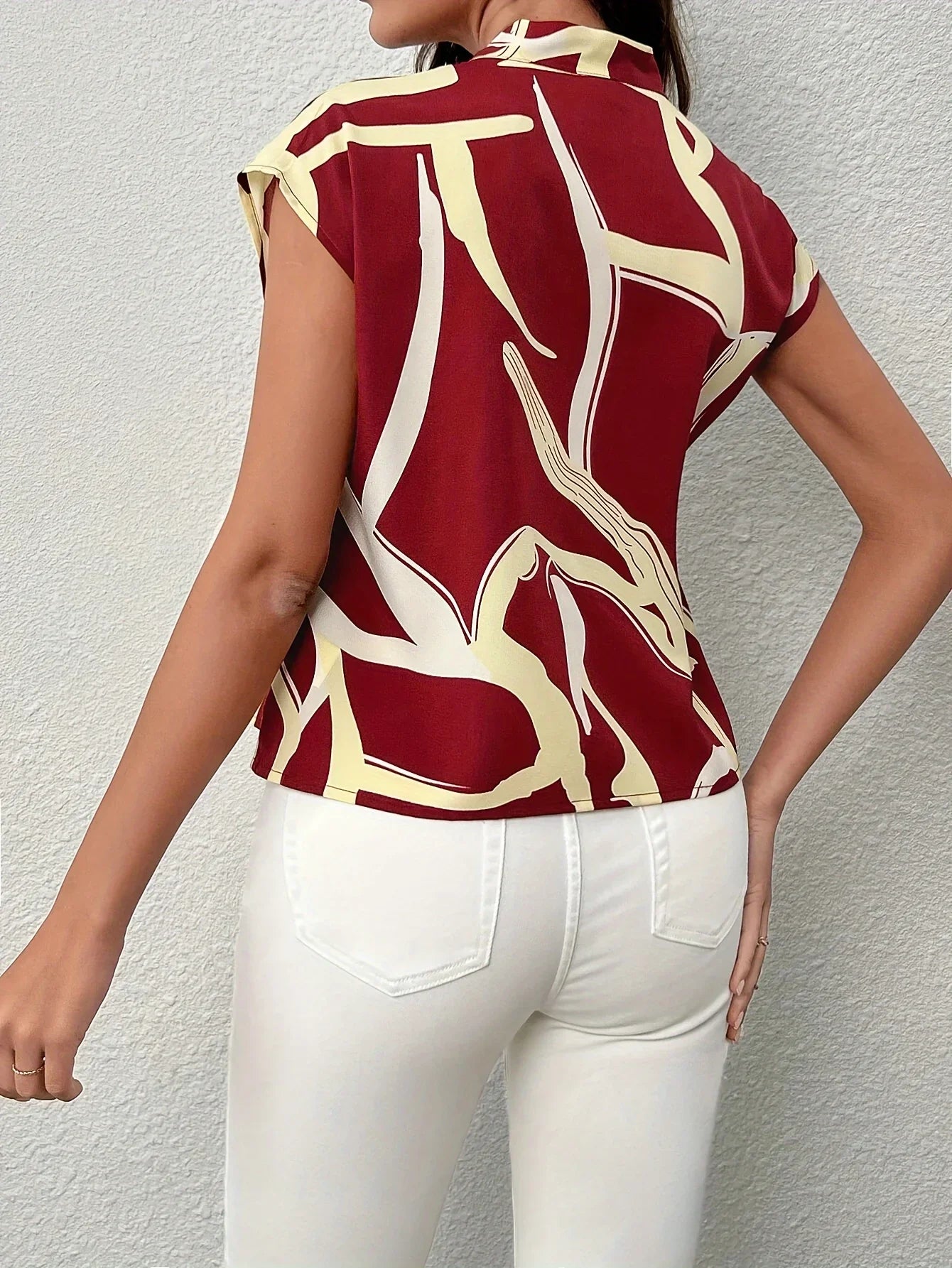 Brush Print Tie Neck Blouse, Elegant Short Sleeve Top For Spring & Summer, Women's Clothing