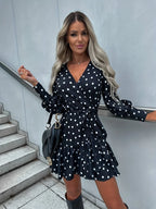 Elegant Plus Size Summer Boho Dress 2023 New Fashion Wave Dot Print V-Neck Lace Up Hem Irregular Dress Temperament Commuting