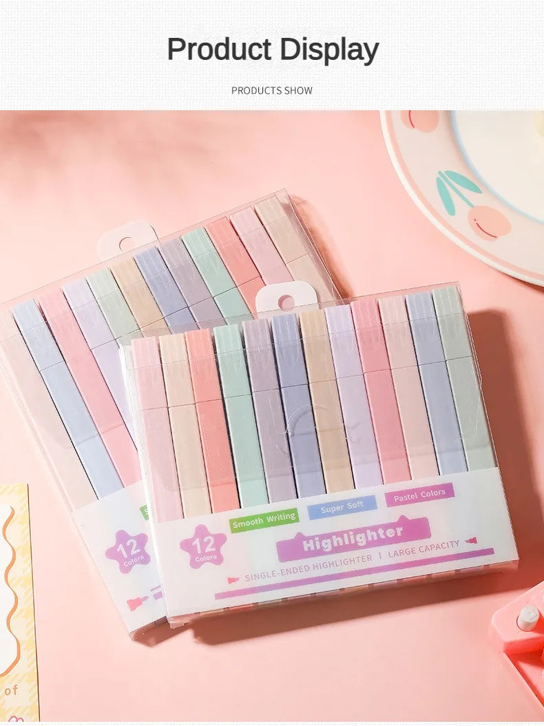 12 Pcs/Set Double Tip Highlighter Pens Kawaii Manga Markers Midliner Pastel Gel Set Stationery Journal School office Supplies