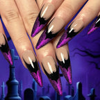 24pcs Manicure Long Almond False Nails Stiletto Ballerina Fake Nials Detachable Halloween Bat French Nail Tips DIY
