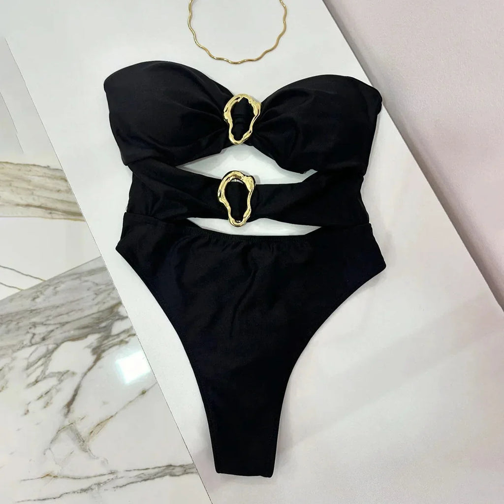 3 Colors Sexy Metal Rings Cut Out Women Swimwear One Piece Swimsuit Female Bandeau High Leg Cut Bather Bathing Suit Swim B022D