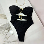 3 Colors Sexy Metal Rings Cut Out Women Swimwear One Piece Swimsuit Female Bandeau High Leg Cut Bather Bathing Suit Swim B022D