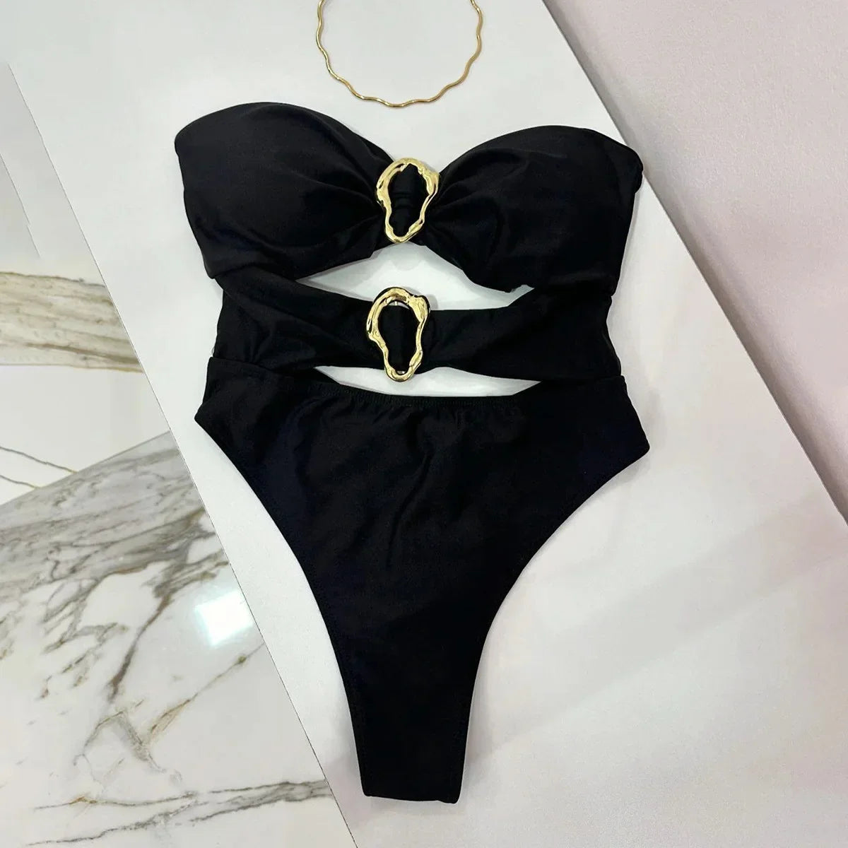 3 Colors Sexy Metal Rings Cut Out Women Swimwear One Piece Swimsuit Female Bandeau High Leg Cut Bather Bathing Suit Swim B022D