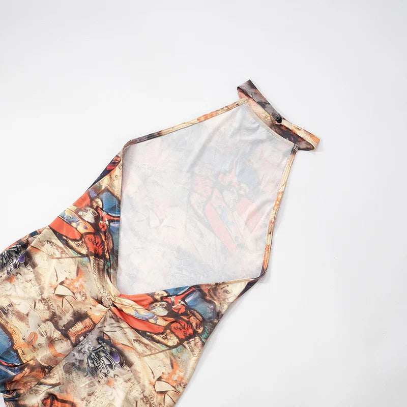 CUTENOVA Women'S Full-Body Printed Hanging Neck Big Backless Skinny Five-Point Jumpsuit Sexy Fashion Street Trend Jumpsuit