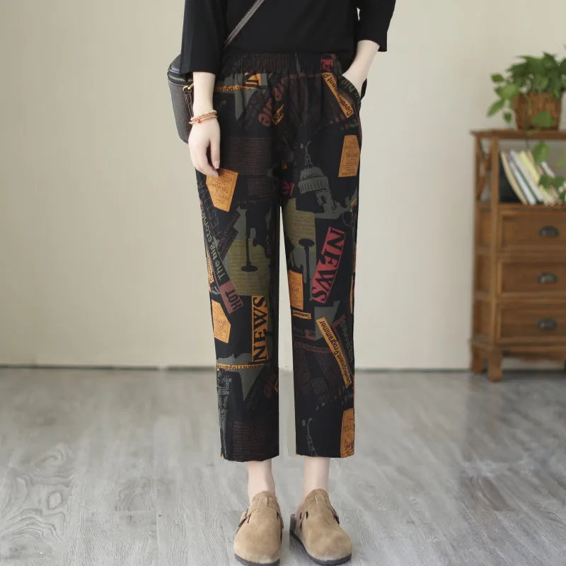1pcs Spring Summer Women Cotton Comfort Breathable Pants Female Grid Flower Print Casual Loose Pant Lady Haren Straight Leg Pant