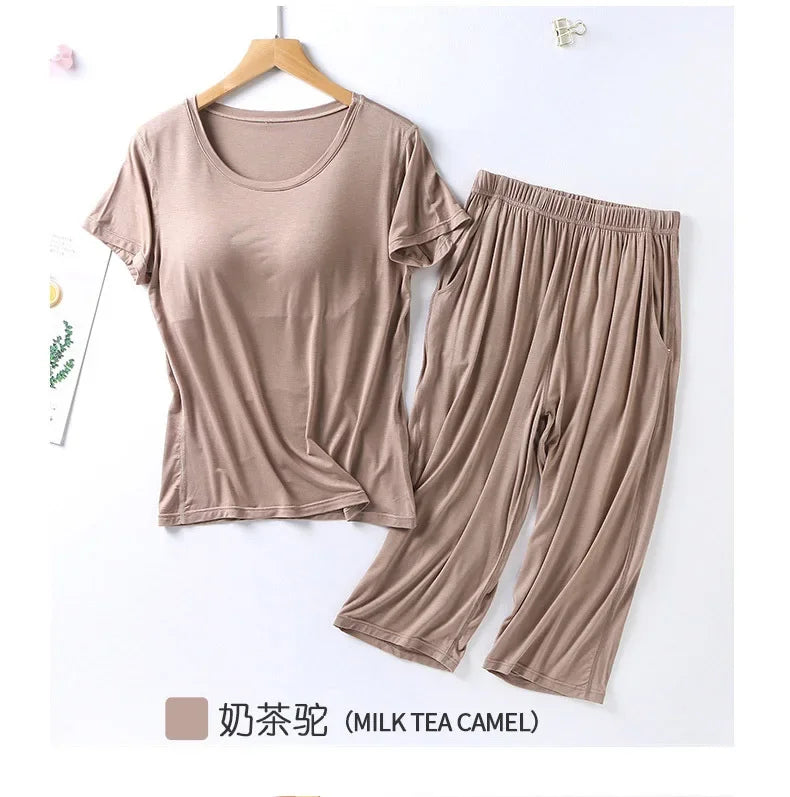 2025 summer new ladies modal pajamas two-piece suit with chest pad short-sleeved cropped trousers plus size home service set