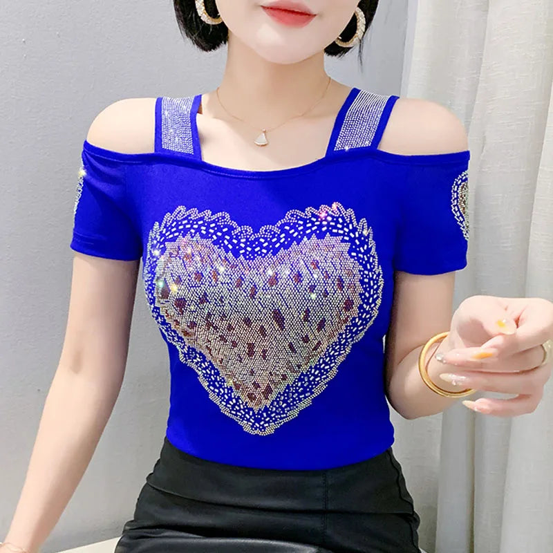 Aoxison Summer Short Sleeved Women's T-Shirt Elegant Slim Shiny Love Heart Diamonds Mesh Tops Chic Girl Sexy Off Shoulder Tees