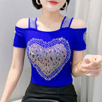 Aoxison Summer Short Sleeved Women's T-Shirt Elegant Slim Shiny Love Heart Diamonds Mesh Tops Chic Girl Sexy Off Shoulder Tees