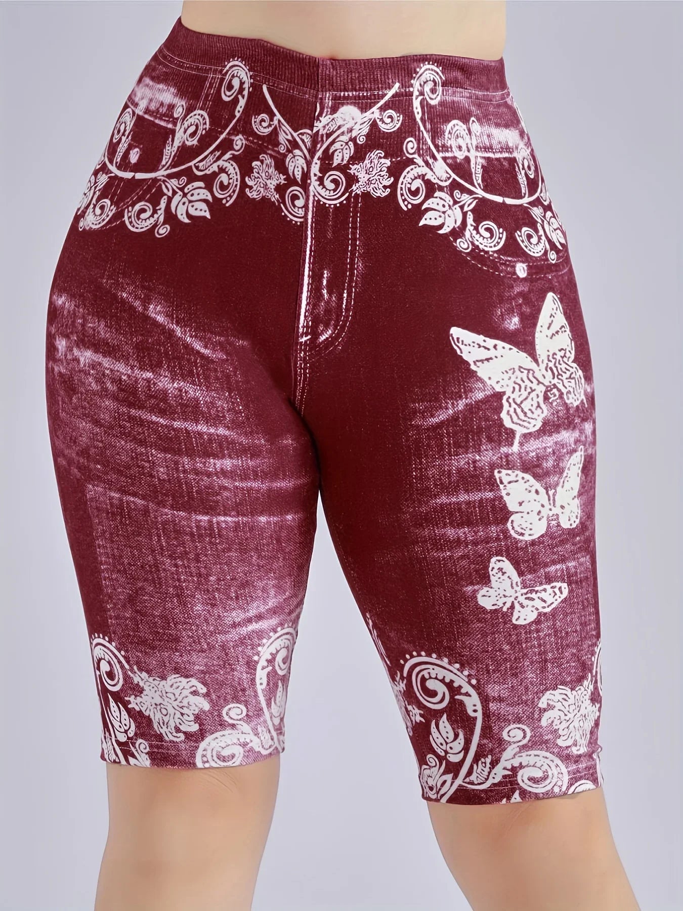 3 Piece Set Of Lmitation Denim Leggings For Women Butterfly Waist Fruit Flower Elastic Shorts High Waist Casual