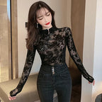 Elegant Chinese Style Mesh Lace Bottoming Shirt Casual Hollow Slim Woman's Shirt Vintage Long Sleeve Sexy Mesh Tops Blusas 11010