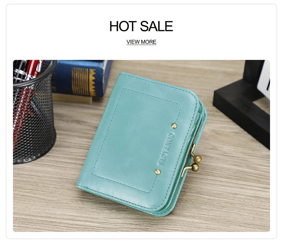 CONTACT'S Genuine Leather Short Wallets for Women Kiss Lock Classic Wallet Metal Frame Coin Purses Card Holder Money Clip Bags