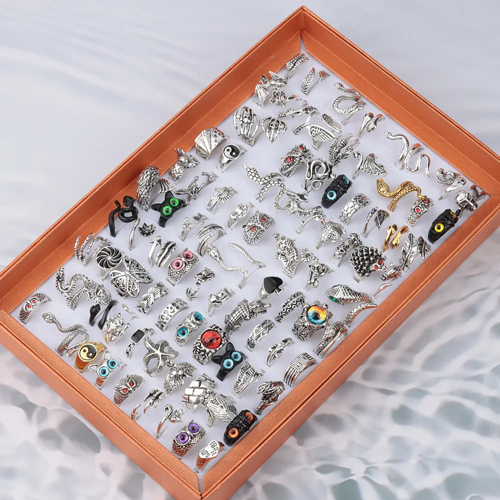 20 Pieces/Lot Vintage Punk Snake Rings for Women and Men Dragon Animal Devil's Eye Adjustable Mix Hip Hop Gothic Charm Jewelry