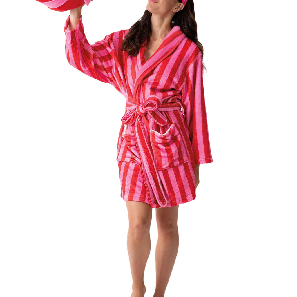 Dourbesty Women Striped Fleece Robe Fuzzy Y2K Printed Long Sleeve Shawl Collar Bath Robe Cute Plush Warm Kimono with Pocket 2025