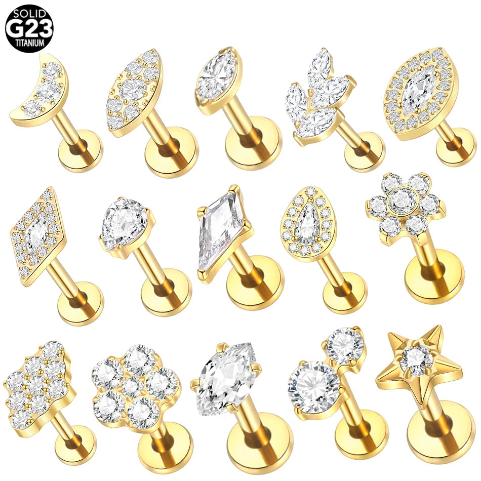 1PC Titanium Zircon Star Flower Labret Piercing for Women Cartilage Tragus Daith Helix Stud Earring Body Jewelry