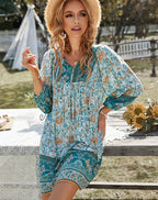 2025 Autumn Womens New Long-sleeved Bohemian Print V-neck Mini Dress For Women's Fashionable Temperament Comfortable Short Skirt