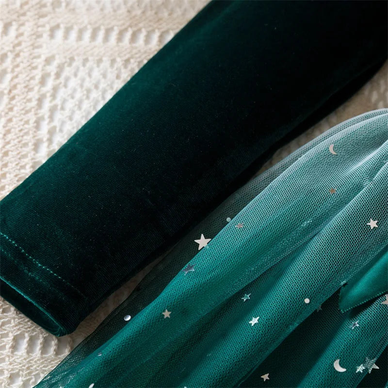 2025 Red Christmas Dress for Baby Girls Winter Long Sleeve Mesh Dresses for 3-8Yrs Kid Star Sequin Birthday Party Princess Dress