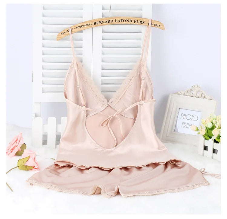 Black Pajamas Suit Lace Up Cami&shorts Set 2Pcs Satin Home Clothes Lady Sexy Lingerie Sleepwear Loungewear Plus Size 3Xl