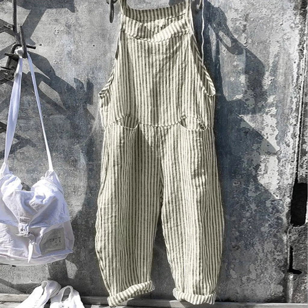 Casual Striped Overalls Korean Style Women's Summer Loose Fit Suspenders Jumpsuits Contrast Color Wide Leg Pants WIth Pockets