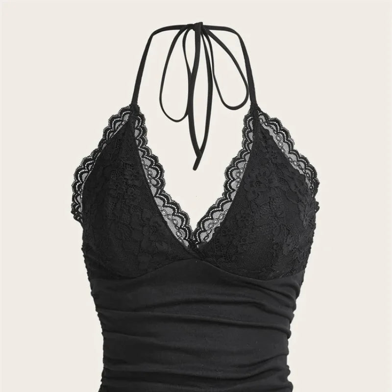 Black Lace Patchwork Halter Top Y2k Women Clothing Goth Punk Solid Ruched Backless Sleeveless Tank Top Streetwear