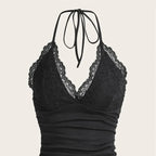 Black Lace Patchwork Halter Top Y2k Women Clothing Goth Punk Solid Ruched Backless Sleeveless Tank Top Streetwear
