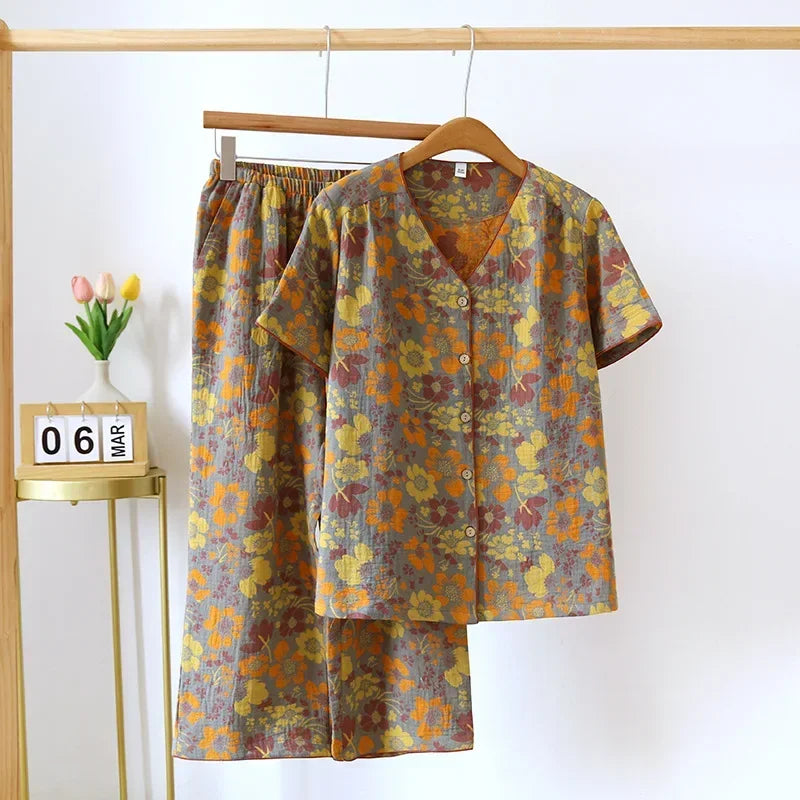 2025 Spring/Summer New Women's Pajama Set 100% Cotton Short Sleeve+Capris Two Piece Set for Large Flower Thin Home Furnishing