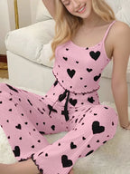 Casual Women's Pajamas Set White Red Love Printing Soft Short Vest And Bow Trim Long Pants Summer Sexy Lingerie Homewear Suit