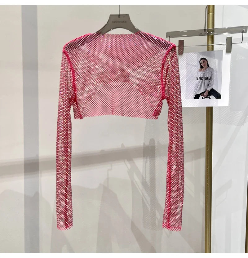 2023 new sexy bright diamond short top Slim thin Ms. hot drill long-sleeved T-shirt sexy leak waist nightclub