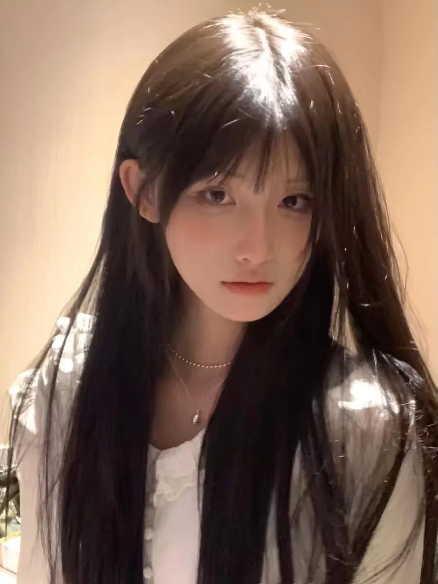 Black Synthetic Wig Fluffy Natural Fringe Waist-Length Straight Hair Women Cosplay Daily Use Of Heat-Resistant Full Head Cover