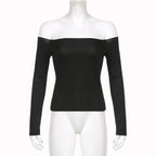 Black Solid Slash Neck Elegant Long Sleeve Tops Korean Fashion Slim Sexy Cropped T Shirt Women Fall Clothing